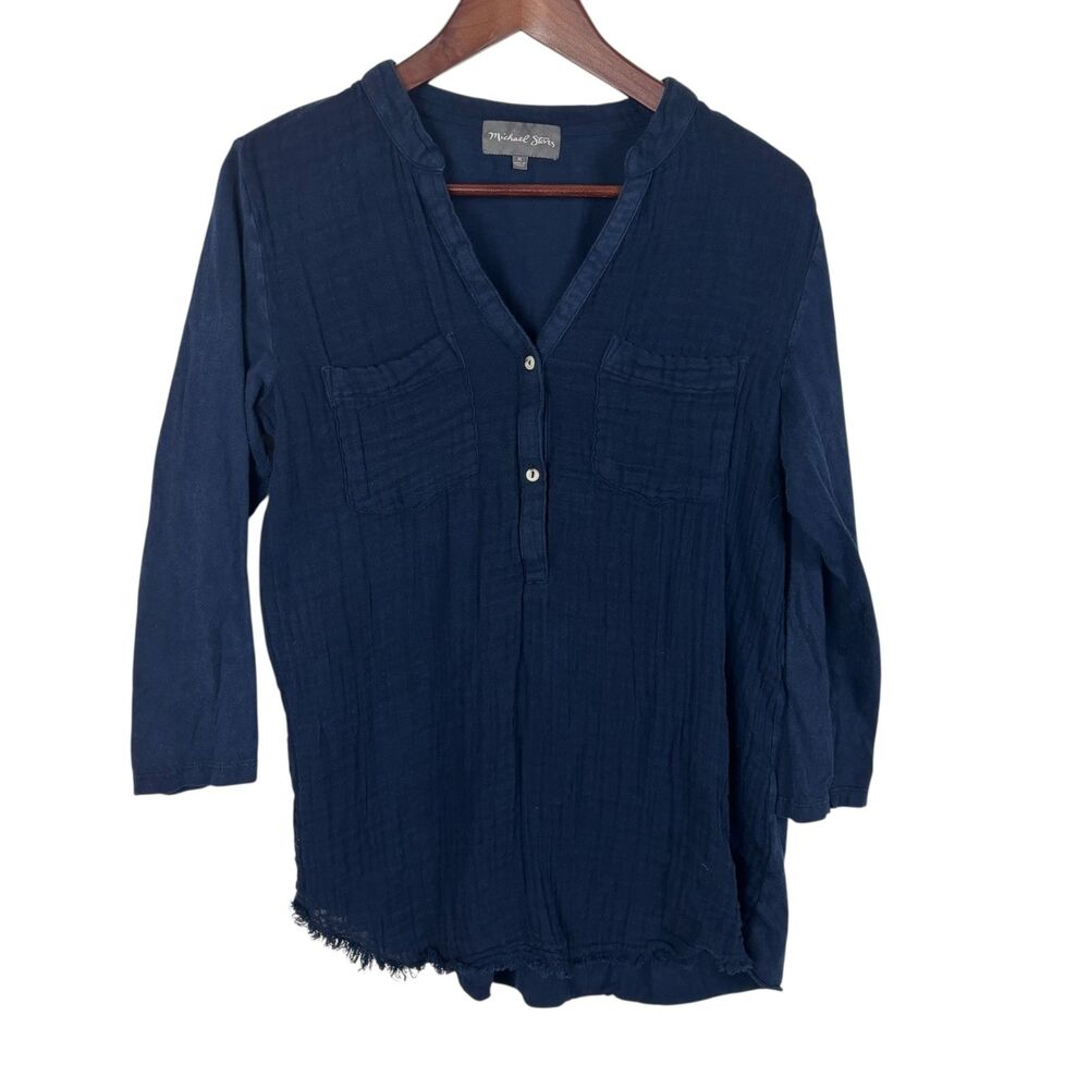 Michael Stars Blue Button Up Split Neck Top 3/4 Length Sleeve Women's Medium